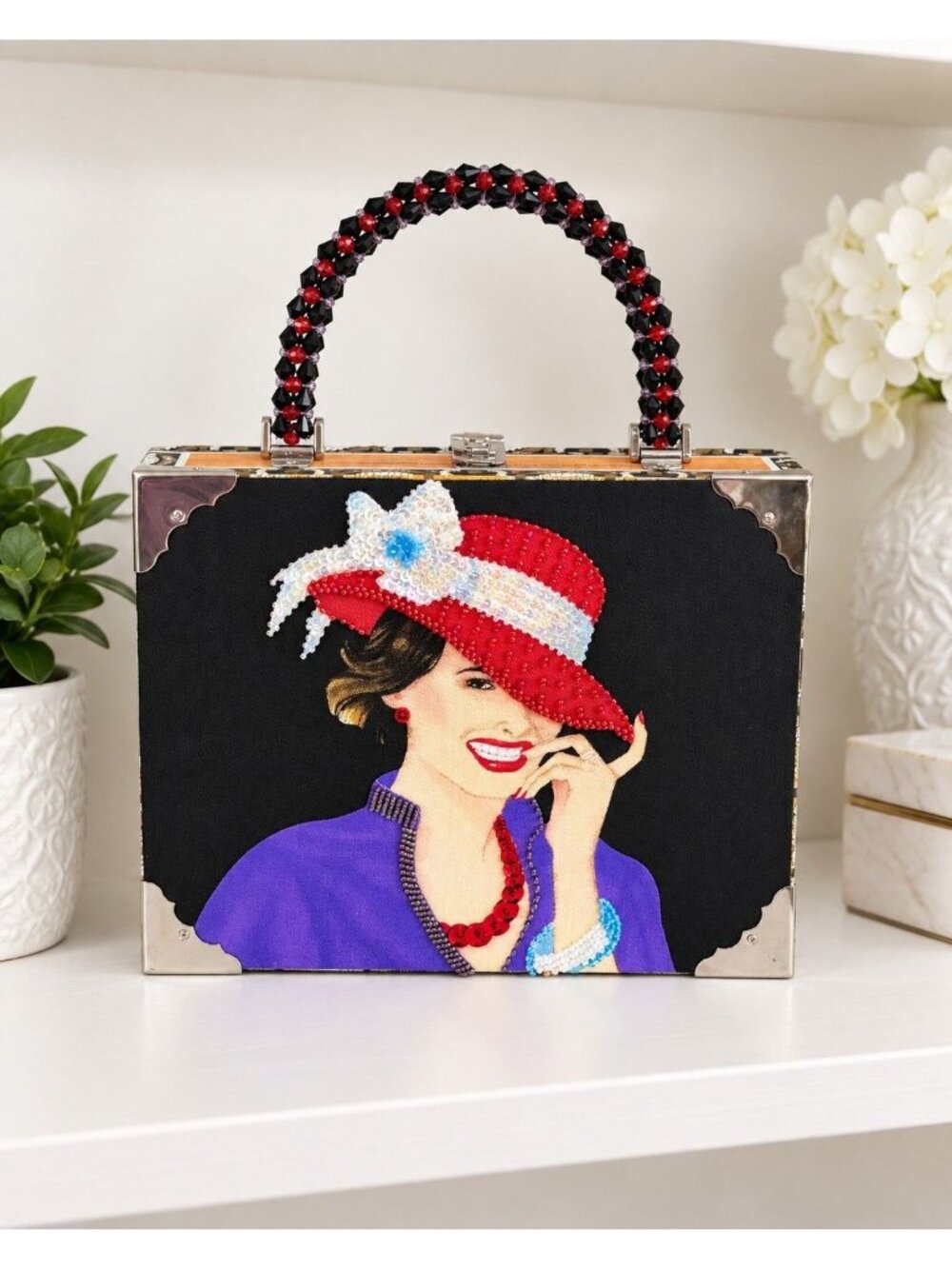 Braciano Fine Cigars Cigar Box Purse Beaded Red Hat Lady Handmade 9.25"